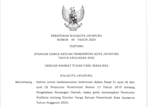 PERATURAN WALIKOTA JAYAPURA NOMOR 49 TAHUN 2024 TENTANG STANDAR HARGA SATUAN PEMERINTAH KOTA JAYAPURA TAHUN ANGGARAN 2025